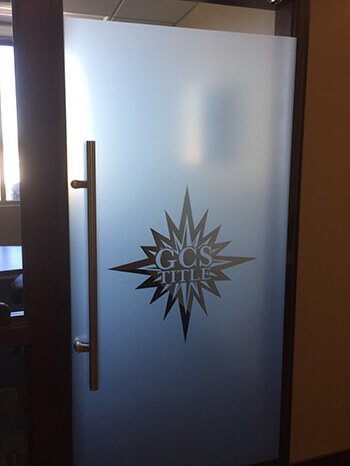 Frosted vinyl company logo door